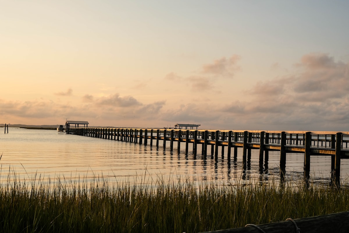 Chesapeake Bay waterfront dock at sunset